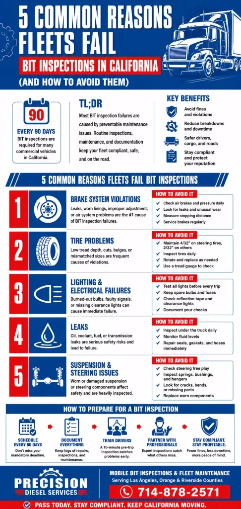 5 Common Reasons Fleets Fail BIT Inspections in California (And How to Avoid Them) 1 Common Reasons Fleets Fail BIT Inspections Southern California