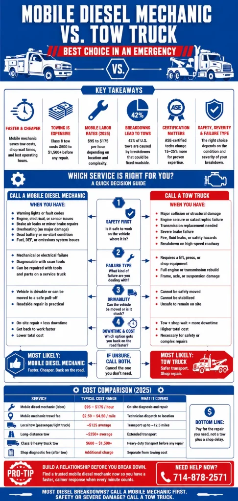 Mobile Diesel Mechanic vs. Tow Truck: Best Choice in an Emergency 1 Mobile Diesel Mechanic vs. Tow Truck